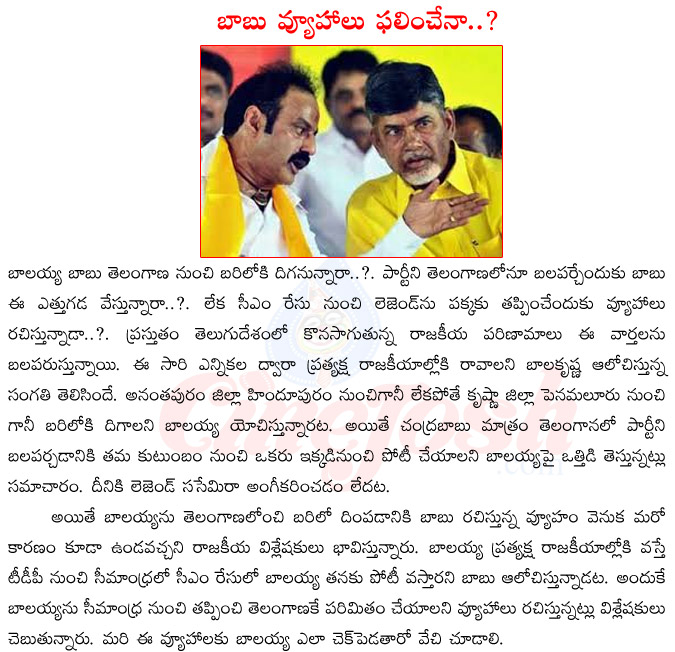 bala krishna,chandrababu naidu,legend cinema,balkrishna political entry,bala krishna in cm race,bala krishna contesting from telangana  bala krishna, chandrababu naidu, legend cinema, balkrishna political entry, bala krishna in cm race, bala krishna contesting from telangana